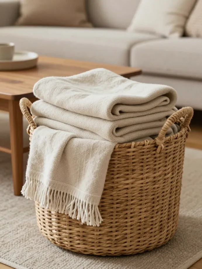 coffee table decor ideas Add a Woven Basket Beneath the Table