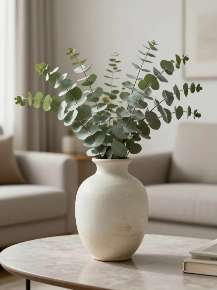 coffee table decor ideas Add a Low, Wide Vase With Greenery