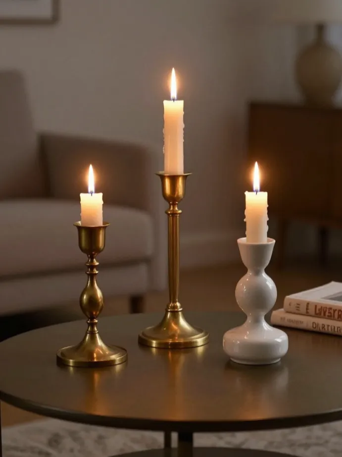 coffee table decor ideas Introduce Candlesticks in Varying Heights