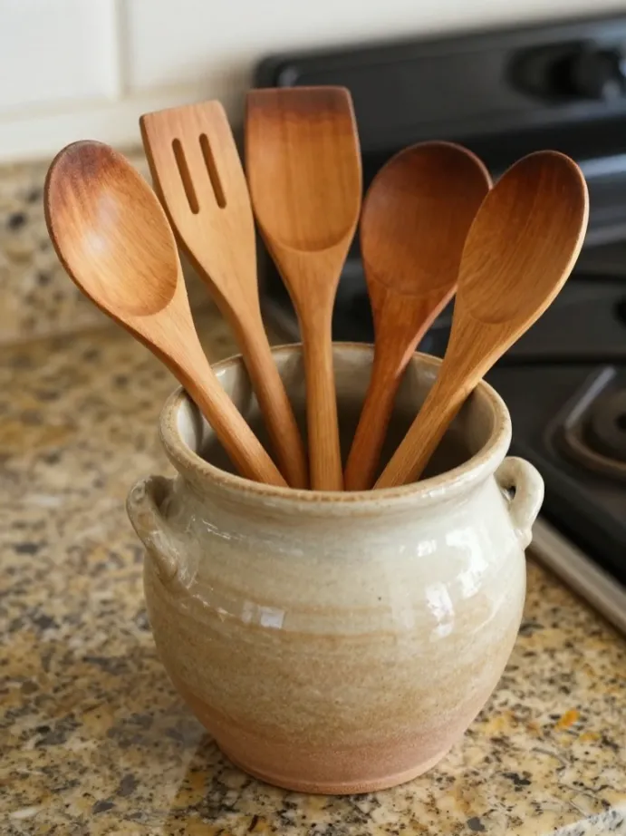 kitchen counter decor ideas
Group Utensils in a Ceramic or Stone Crock